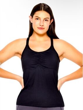 Ruby Ribbon Black Ruched Racerback Demi Tank, Shaping Top, Size 42 Women’s